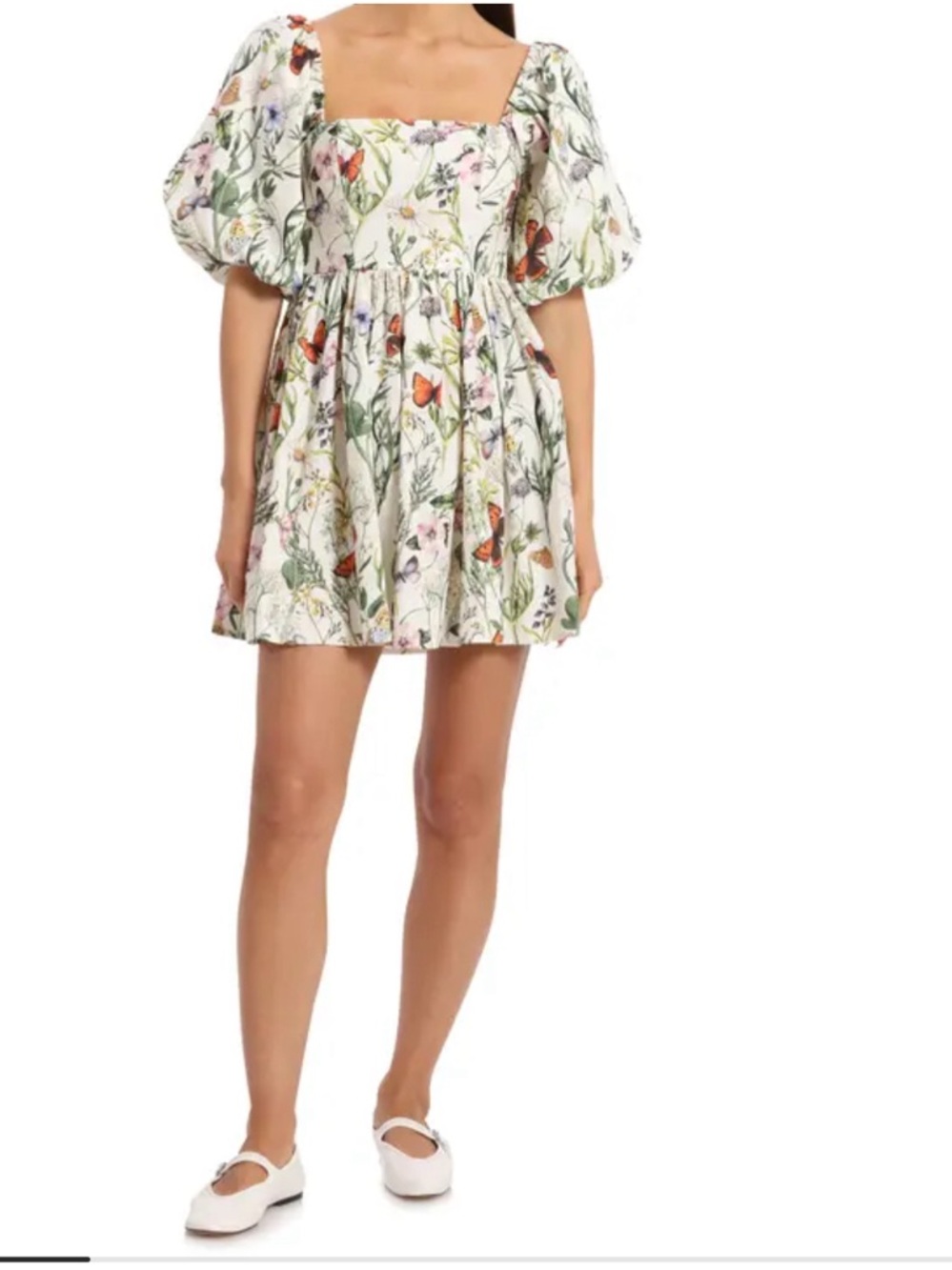 Avec Les Filles White Floral Print Dress with Green and Pink Accents